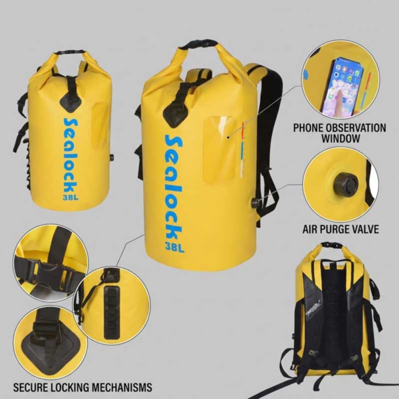 Kayak dry backpack shell in assembly with valve, window panel and lock hardware